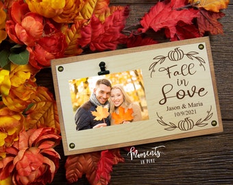 Fall In Love Fall Personalized Engagement Gift for Couple Rustic Picture Frame Gift for Bride, Couples Dates Wood Sign Fall Engagement Party