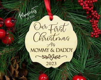 Our  First Christmas As Mommy And Daddy Ornament 2023 Christmas Gift for New Parents Ornament Christmas Tree Ornament Wood Engraved Keepsake