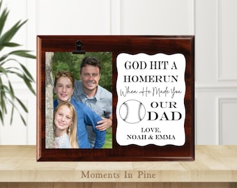 Personalized Dad Gift from Kids God Hit A Homerun When He Made You Our Dad Baseball Picture Frame Engraved Wood Sign Father's Day, Birthday
