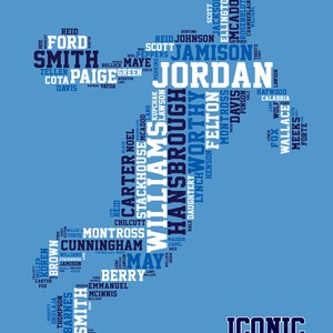 May include: A blue and white word cloud design featuring the name "Jordan" in large white letters. The word cloud is shaped like a bird and includes many names, including "Smith", "Williams", "Hansbrough", and "May". The text "Iconic Shirt Co." is at the bottom of the design.
