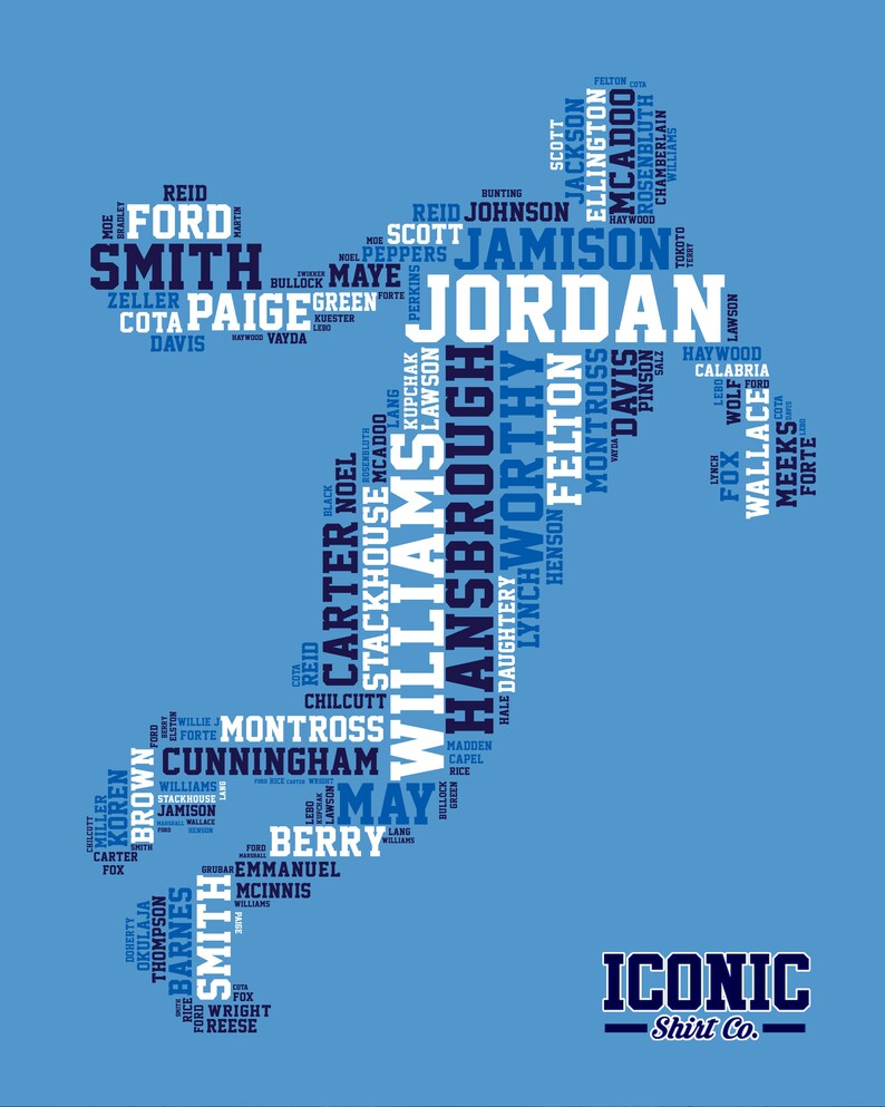 May include: A blue and white word cloud design featuring the name "Jordan" in large white letters. The word cloud is shaped like a bird and includes many names, including "Smith", "Williams", "Hansbrough", and "May". The text "Iconic Shirt Co." is at the bottom of the design.
