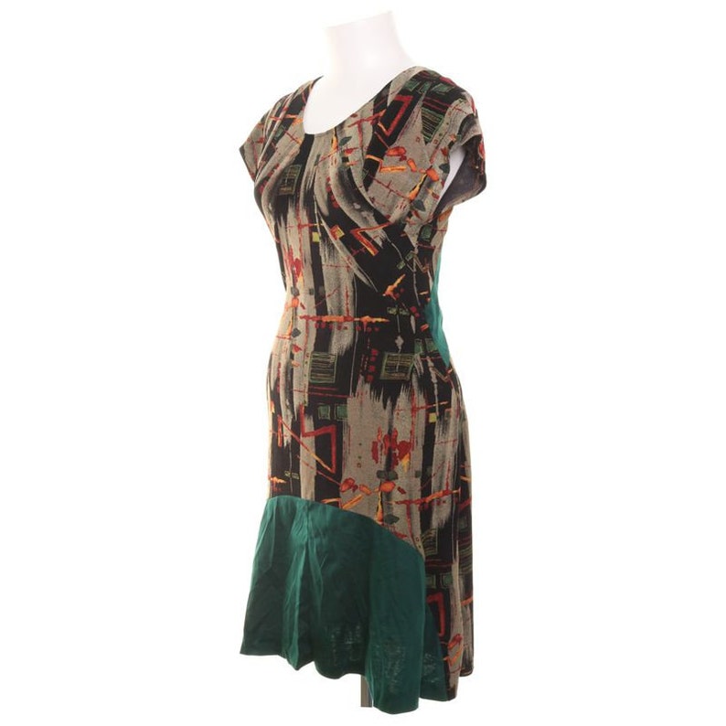 size S Vintage 70s retro bias cut loud pattern dress multicolor and green