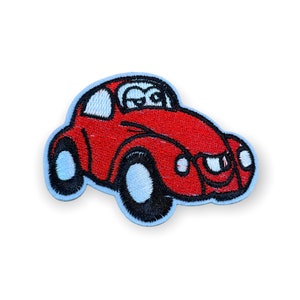 May include: Embroidered patch featuring a cartoon red car with black tires and white accents. The car has a light blue outline and is designed with a smiling face. This patch is suitable for decorating clothing, bags, or other fabric items.