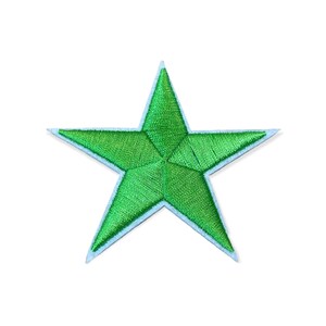 May include: Embroidered green star patch with a light blue border. The star is a five-pointed design with detailed stitching, perfect for adding to clothing or accessories. The patch is set against a white background.