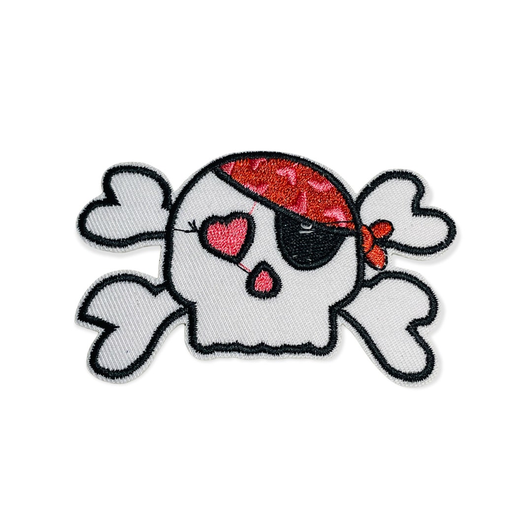 Girl Pirate Skull & Bones Heart Eye Patch Fabric Embroidered Iron on