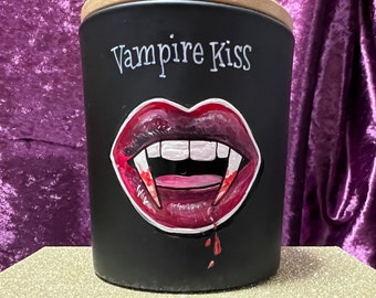 VAMPIRE KISS Candle Hand Painted/Hand Poured Vampire Lips 10oz Soy Wax Black Glass Jar Art Candle Scented Luxury Candle