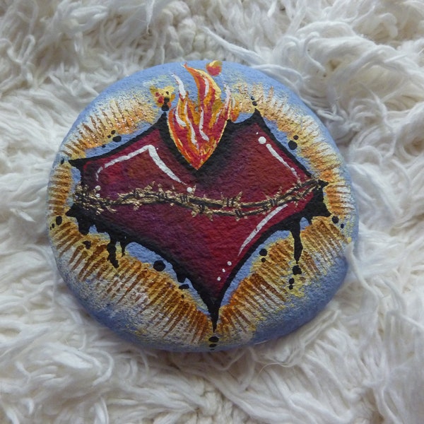 SACRED HEART Rock, Heart Flames Tattoo Art Milagro Memorial Stone Kindness Inspirational Rock