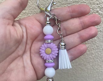 Floral Bead Keyring: Chunky Silver Plated Bag Charm
