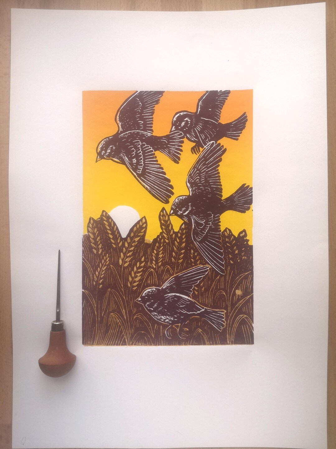 Linocut SUMMER MORNING Colored Linocut Original Sparrows in the ...