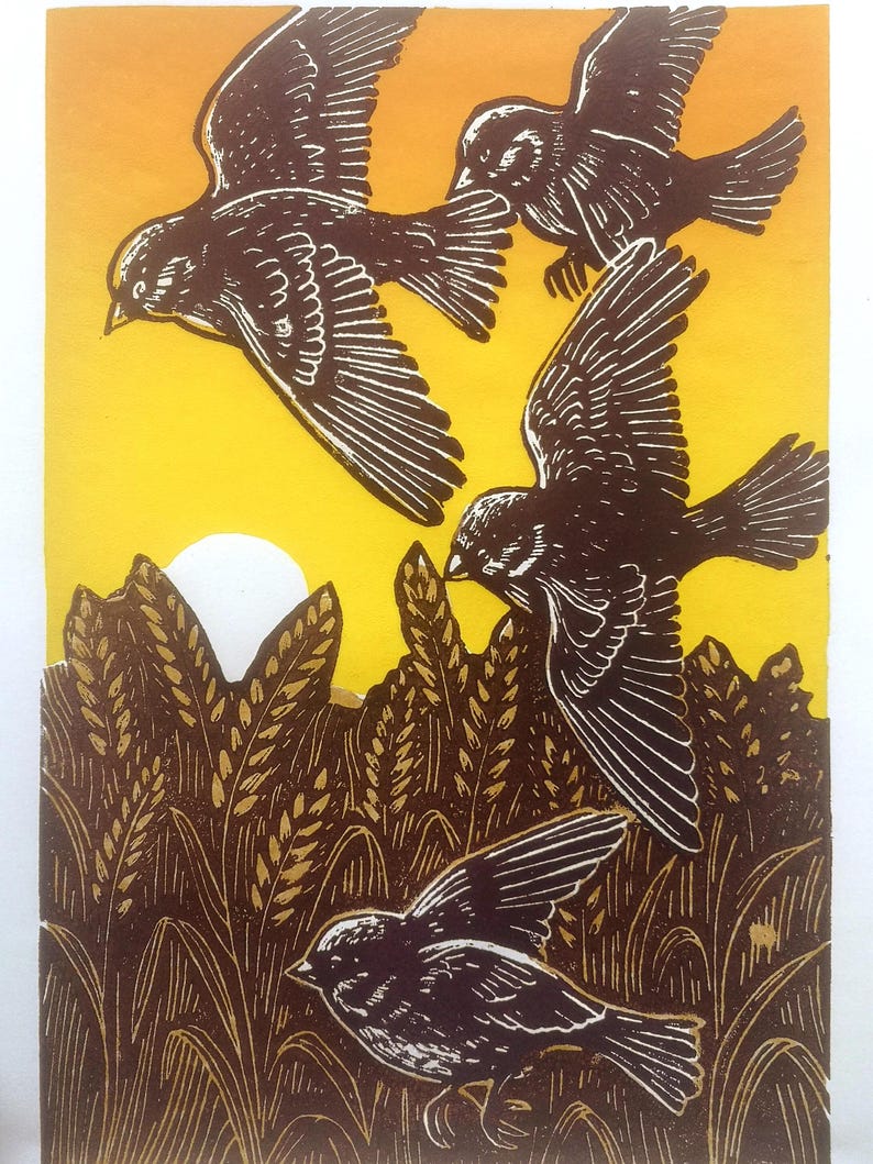 Linocut SUMMER MORNING Colored Linocut Original Sparrows in the ...