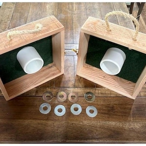 Rustic Washer Toss Game, gold latches and brown rope.