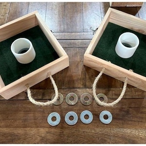 Rustic Washer Toss Game, silver latches and brown rope.