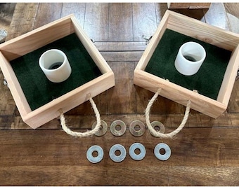 Rustic Washer Toss Game, silver latches and brown rope.