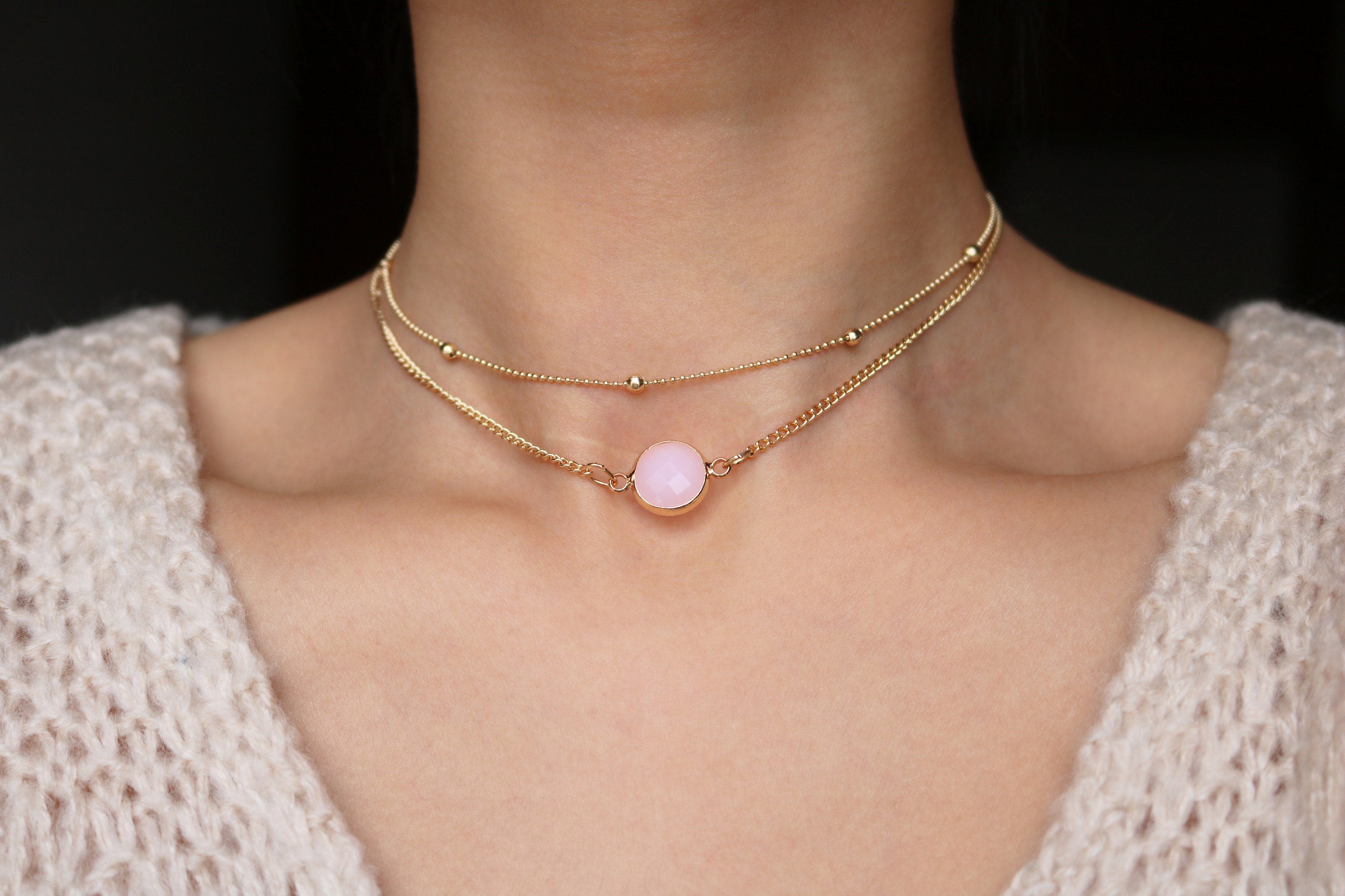 Rose quartz necklace Beaded Choker Set Rose quartz Jewelry Etsy