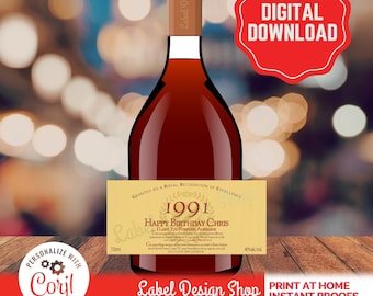 May include: A brown glass liquor bottle featuring a rectangular tan label with the text 1991, Happy Birthday Chris, I Love You Forever, Adrienne, and Granted as a Royal Recognition of Excellence. The bottle has a brown cap and a 750ml volume label.