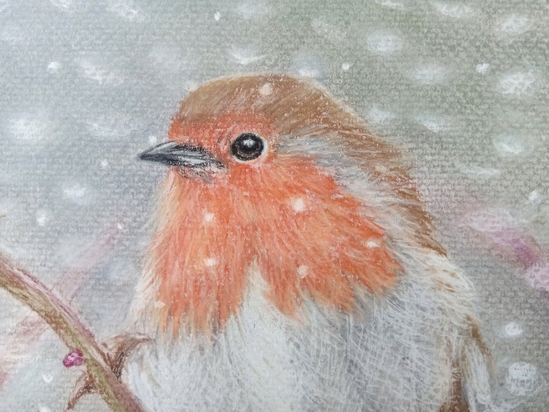 Pastellkreide-Gemälde Rotkehlchen im Winter, Original als hochwertiger Druck erhältlich, Rotkehlchen-Bild, Rotkehlchen, Vogelbild, Pastell Bild 4