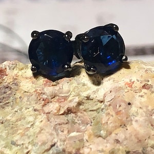 Natural Round Brilliant Cut Velvet Blue Sapphire Black Rhodium Stud Screw Back Earrings - September Birthstone Gift