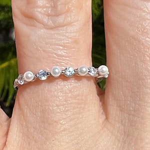 Natural Floating Freshwater Pearl & CZ Sterling Silver 925 Ring