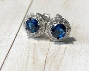 Blue Sapphire Halo Moissanite Earrings September Birthstone Earrings Tiny Genuine Oval Sapphire Studs Earrings Halo Earrings Bridal Earrings