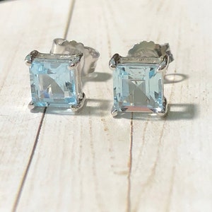 Natural Aquamarine 4YCW Princess Stud Earrings - December Birthstone Gift - Bridal Earrings