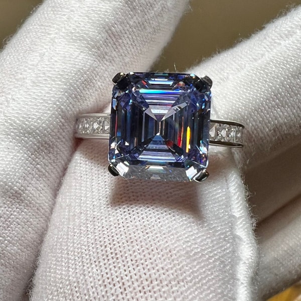 Rare Created 5.5CT Asscher Cut Iolite Solitaire Engagement Statement Ring