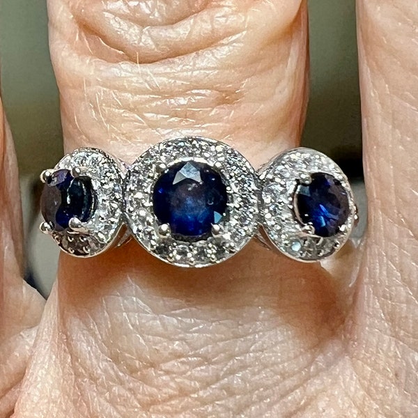 Natural Blue & White Sapphire Journey Three Stone Halo Ring