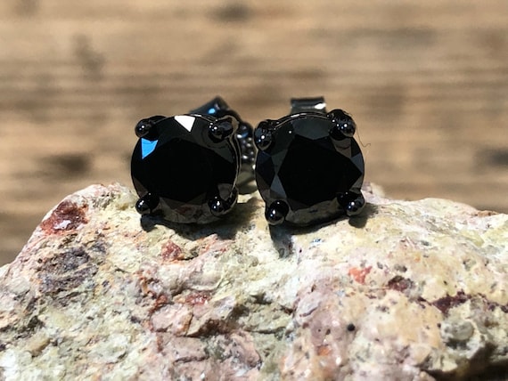 Natural Round Brilliant Cut Black Spinel Black Rhodium Stud