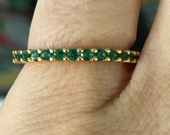 14K Yellow Gold Natural Green Emerald Full Eternity Wedding Band Stacking Ring