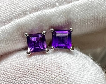 Natural 5mm- 9mm Princess Cut Purple Amethyst Stud Earrings