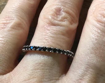 925 Sterling Silver Black Sapphire Wedding Band  - Black Sapphire Full Eternity Stacking Ring