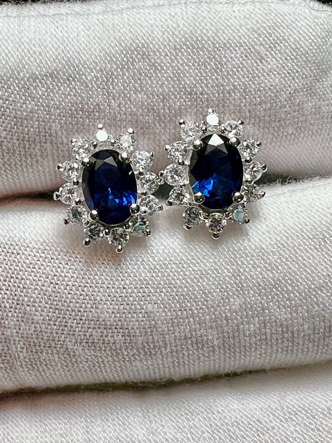 Natural Blue Sapphire & White Sapphire Halo 925 Sterling Silver Stud ...