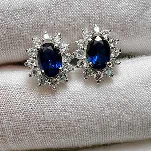 Natural Blue Sapphire & White Sapphire Halo Stud Earrings