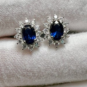 Natural Blue Sapphire & White Sapphire Halo 925 Sterling Silver Stud Earrings