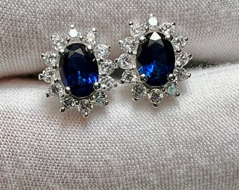 Natural Blue Sapphire & White Sapphire Halo 925 Sterling Silver Stud Earrings