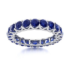 14K White Yellow Gold 3mm Natural 3.5TCW Blue Sapphire Full Eternity Ring - Stacking Ring - Wedding Band - September Birthstone