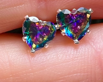 Rainbow Mystic Topaz 1CT Heart Cut Studs - November Birthstone Earrings