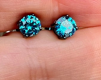 Natural Blue Topaz 925 STERLING SILVER Black Rhodium Studs