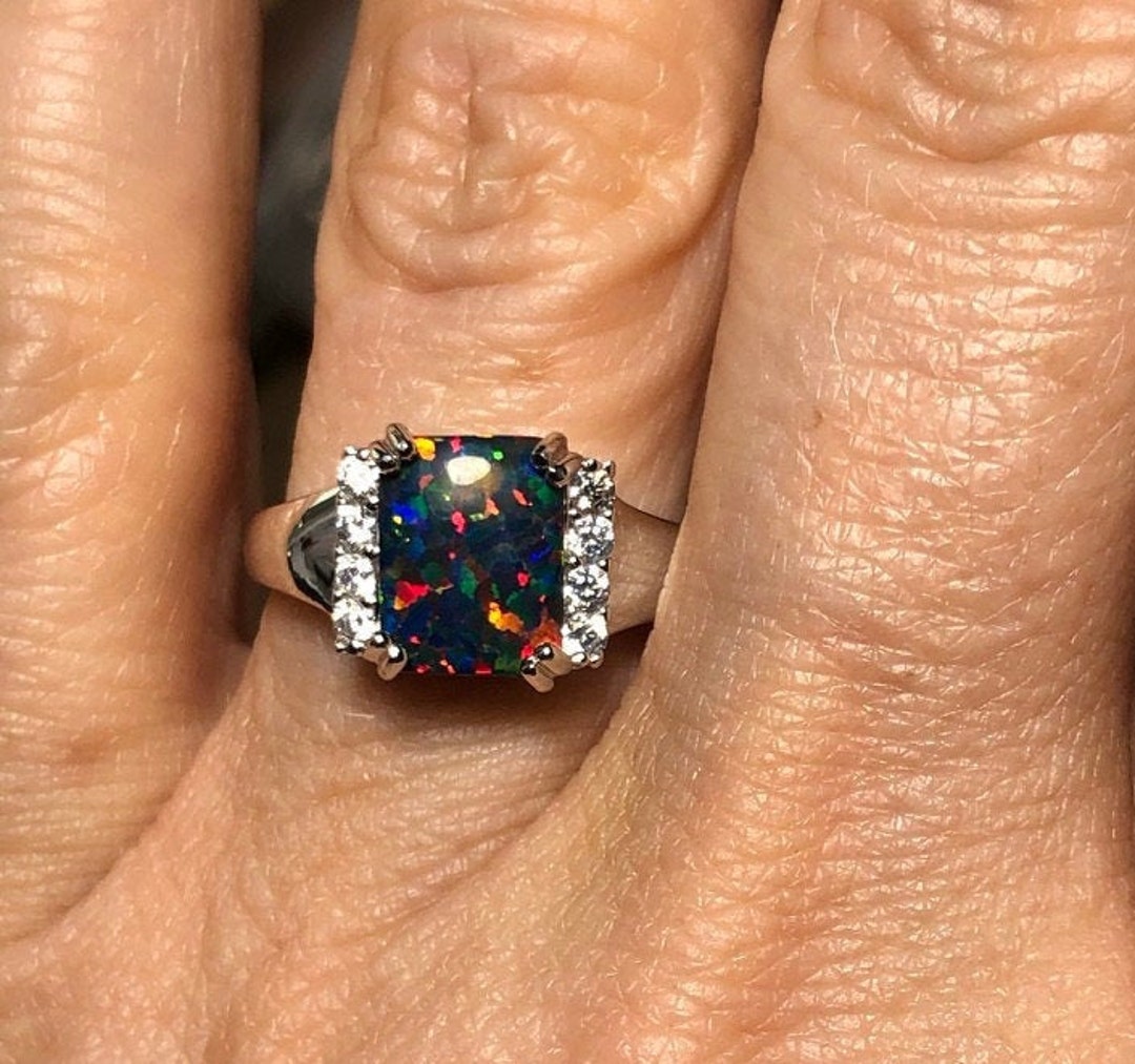 Vintage Style Princess Cut Black Opal Ring Black Opal Engagement