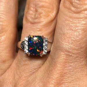 Vintage Style Princess Cut Black Opal Ring - Black Opal Engagement Ring - October Birthstone Ring