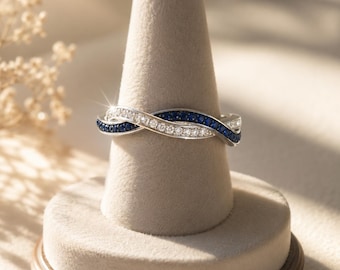 Natural Blue & White Sapphire Woven Full Eternity Twist Wedding Band Ring