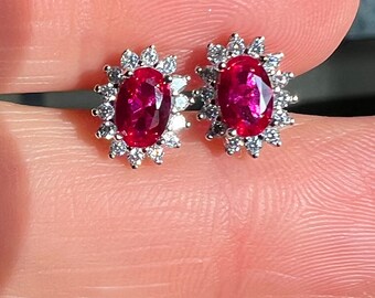 Vintage Natural Oval Red Ruby Halo Stud Earrings