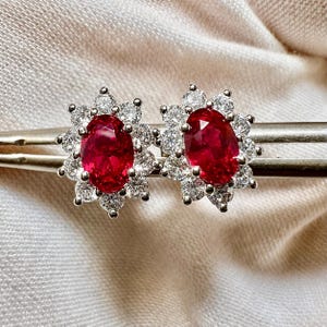 Natural Ruby Earrings, 2 CTW Oval Ruby Stud Earrings, D VVS1 Moissanite Halo, Sterling Silver Platinum Plated, July Birthstone