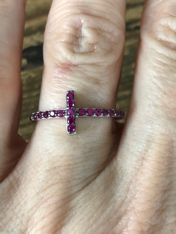 A Vintage Sterling Silver Red Ruby Cross Ring - image 3