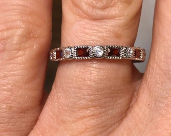 Natural Red Garnet & White Sapphire Full Eternity Ring - January Birthstone Ring