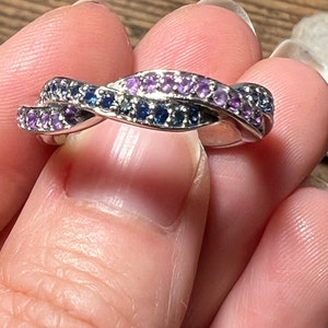 Natural Blue Sapphire & Purple Amethyst Twist Wedding Band -Stacking Ring- Birthstone Ring