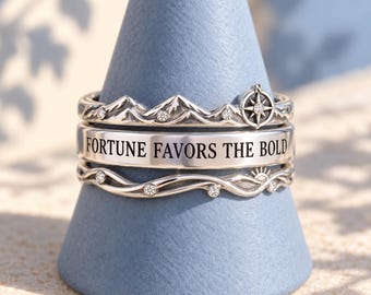 „Fortune Favors the Bold“-Ringset, vergoldete Sterlingsilberringe mit Bergkompassmotiv, stapelbare Abenteuerringe, Reisegeschenk