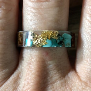 Natural Turquoise Gold Wood Resin Wedding Band Ring