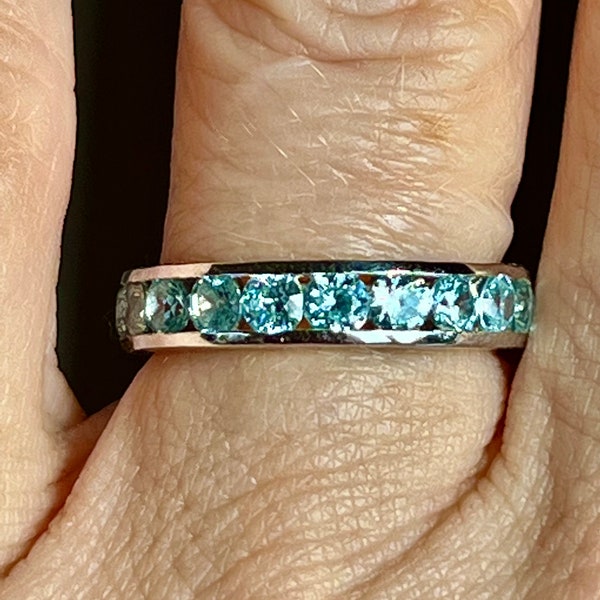 Natural 3mm Aquamarine Channel Set Full Eternity Stacking Ring - Birthstone Ring