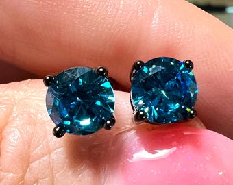 Natural Round Brilliant Cut Swiss Blue Topaz Black Rhodium Stud Earrings - November Birthstone