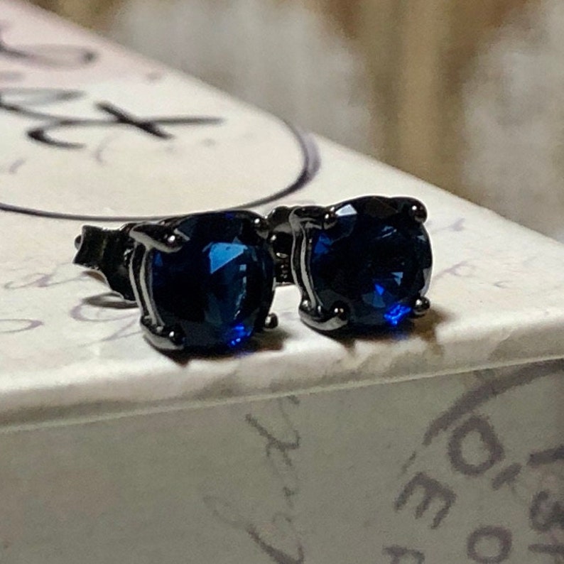 Natural Velvet Blue Sapphire Black Rhodium Stud Screw Back Earrings September Birthstone image 6